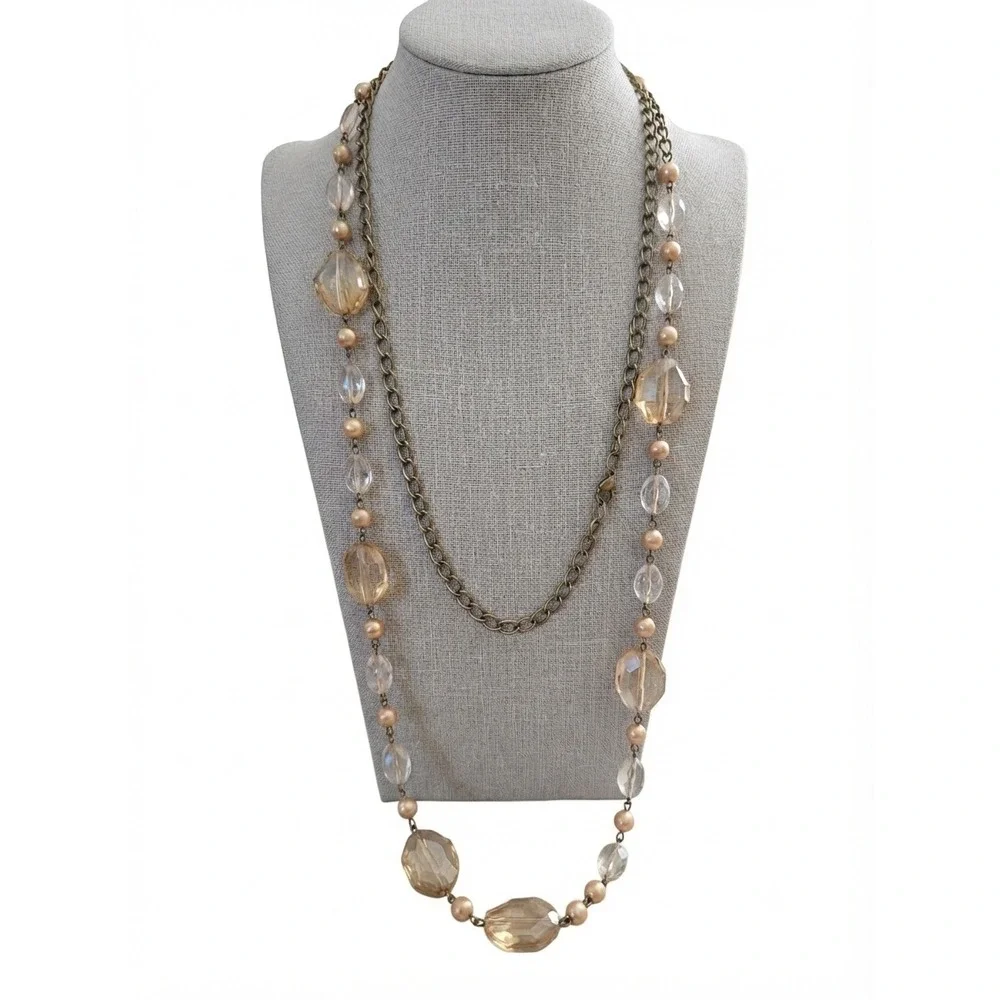 Champagne Faceted Bead Long Station Necklace Brass Tone long length